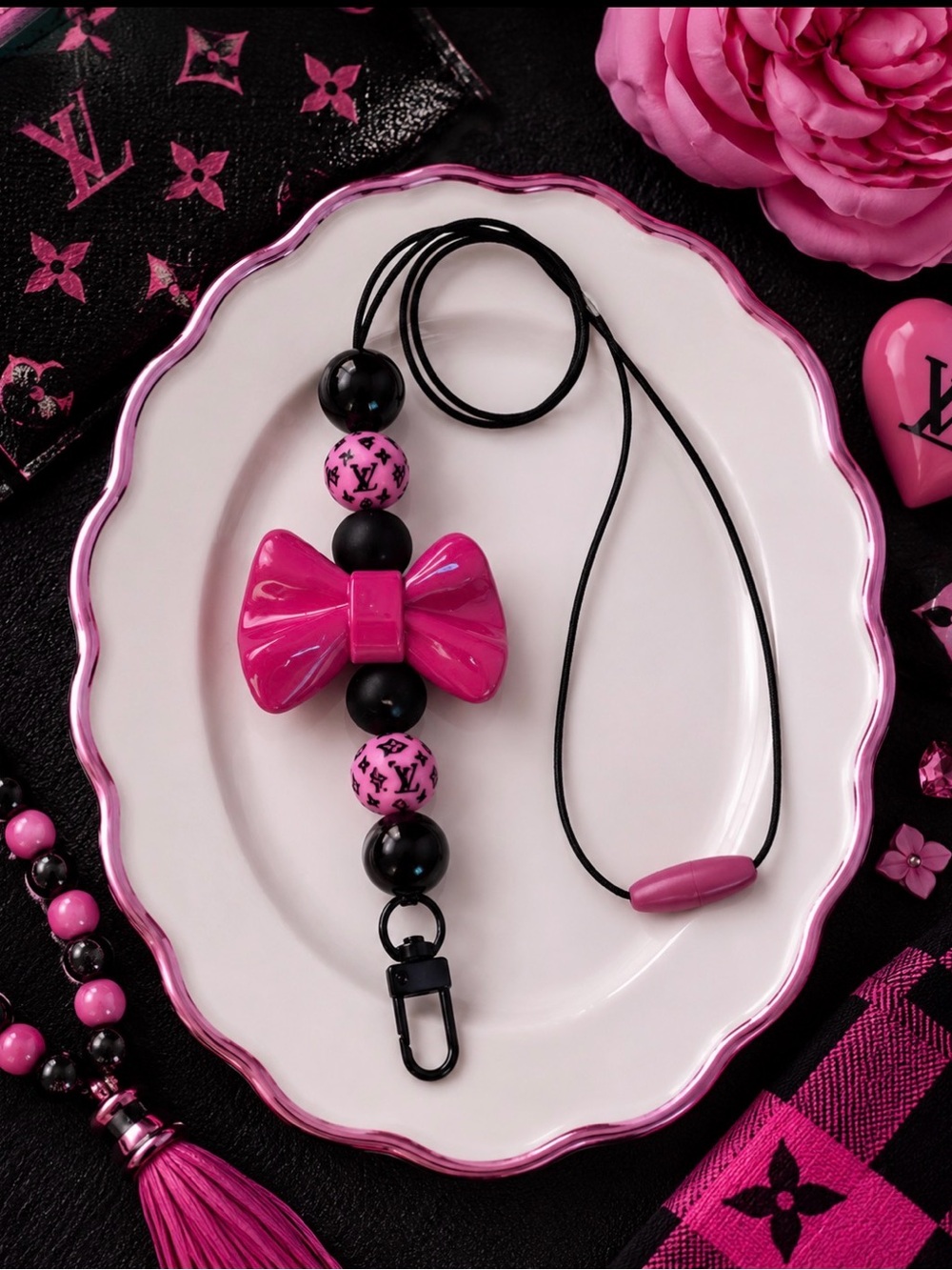 Hand Crafted Inspired Pink and Black Bow Beaded Lanyard Key/Card Holder